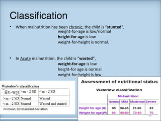 Classification 
• When malnutrition has been chronic, the child is “stunted”, 
weight-for-age is low/normal 
height-for-age is low 
weight-for-height is normal. 
• In Acute malnutrition, the child is “wasted”, 
weight-for-age is low 
height-for age is normal 
weight-for-height is low 
39 
 