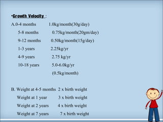 •Growth Velocity : 
A.0-4 months 1.0kg/month(30g/day) 
5-8 months 0.75kg/month(20gm/day) 
9-12 months 0.50kg/month(15g/day) 
1-3 years 2.25kg/yr 
4-9 years 2.75 kg/yr 
10-18 years 5.0-6.0kg/yr 
(0.5kg/month) 
B. Weight at 4-5 months 2 x birth weight 
Weight at 1 year 3 x birth weight 
Weight at 2 years 4 x birth weight 
Weight at 7 years 7 x birth weight 9 
 