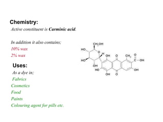 Chemistry: Active constituent is  Carminic acid . In addition it also contains; 10% wax 2% wax Uses: As a dye in; Fabrics Cosmetics Food Paints Colouring agent for pills etc. 
