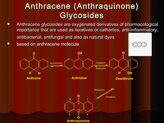 Anthracene (Anthraquinone)
Anthracene (Anthraquinone)
Glycosides
Glycosides
 Anthracene glycosides are oxygenated derivatives of pharmacological
Anthracene glycosides are oxygenated derivatives of pharmacological
importance that are used as laxatives or cathartics, anti-inflammatory,
importance that are used as laxatives or cathartics, anti-inflammatory,
antibacterial, antifungal and also as natural dyes.
antibacterial, antifungal and also as natural dyes.
 based on anthracene molecule
1
4
9
10
8
5
Anthraquinone
Reduction
Oxidation
Oxanthrone
Anthrone
O
O
O
OH
H
O
H
H
Oxidation
Anthranol
OH
tautomerization
Reduction
 