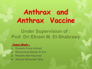 Anthrax and
     Anthrax Vaccine
    Under Supervision of :
Prof. Dr Ekram M. El-Shabrawy
Team Work :
   Mostafa Emad Ahmed
   Mohammed Bahaa El-Din
   Mostafa Abd-Elsamee
   Ahmed Mohamed Taha
 