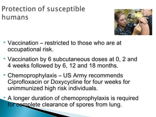  Vaccination – restricted to those who are at
occupational risk.
 Vaccination by 6 subcutaneous doses at 0, 2 and
4 weeks followed by 6, 12 and 18 months.
 Chemoprophylaxis – US Army recommends
Ciprofloxacin or Doxycycline for four weeks for
unimmunized high risk individuals.
 A longer duration of chemoprophylaxis is required
for complete clearance of spores from lung.
 