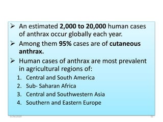  An estimated 2,000 to 20,000 human cases
of anthrax occur globally each year.
 Among them 95% cases are of cutaneous
anthrax.
 Human cases of anthrax are most prevalent
in agricultural regions of:
1. Central and South America
2. Sub- Saharan Africa
3. Central and Southwestern Asia
4. Southern and Eastern Europe
5/26/2020 32
 