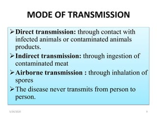 MODE OF TRANSMISSION
Direct transmission: through contact with
infected animals or contaminated animals
products.
Indire...