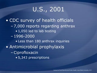 U.S., 2001
• CDC survey of health officials
– 7,000 reports regarding anthrax
• 1,050 led to lab testing
– 1996-2000
• Less than 180 anthrax inquiries
• Antimicrobial prophylaxis
– Ciprofloxacin
• 5,343 prescriptions
Center for Food Security and Public Health, Iowa State University, 2011
 