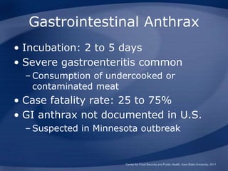 Gastrointestinal Anthrax
• Incubation: 2 to 5 days
• Severe gastroenteritis common
– Consumption of undercooked or
contaminated meat
• Case fatality rate: 25 to 75%
• GI anthrax not documented in U.S.
– Suspected in Minnesota outbreak
Center for Food Security and Public Health, Iowa State University, 2011
 