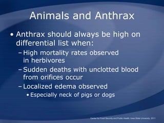 Animals and Anthrax
• Anthrax should always be high on
differential list when:
– High mortality rates observed
in herbivores
– Sudden deaths with unclotted blood
from orifices occur
– Localized edema observed
• Especially neck of pigs or dogs
Center for Food Security and Public Health, Iowa State University, 2011
 
