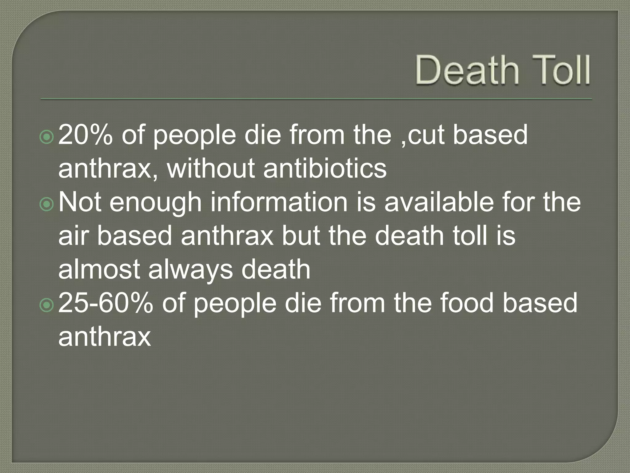  20% of people die from the ,cut based
anthrax, without antibiotics
Not enough information is available for the
air based anthrax but the death toll is
almost always death
25-60% of people die from the food based
anthrax