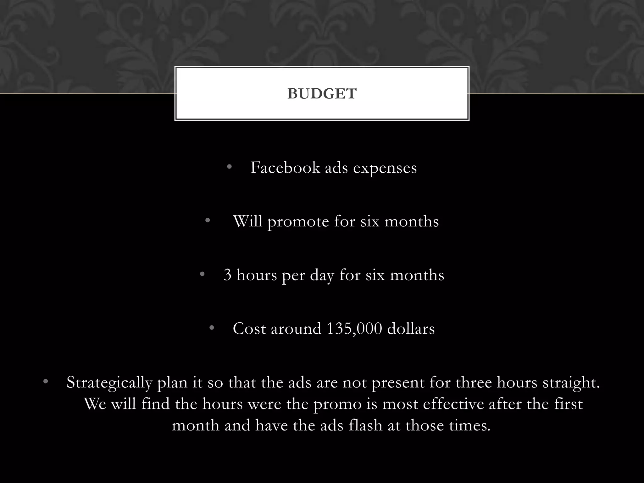 BUDGET

• Facebook ads expenses
•

Will promote for six months

• 3 hours per day for six months
• Cost around 135,000 dollars
• Strategically plan it so that the ads are not present for three hours straight.
We will find the hours were the promo is most effective after the first
month and have the ads flash at those times.

 