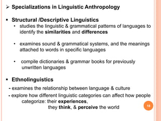 18
 Specializations in Linguistic Anthropology
 Structural /Descriptive Linguistics
• studies the linguistic & grammatical patterns of languages to
identify the similarities and differences
• examines sound & grammatical systems, and the meanings
attached to words in specific languages
• compile dictionaries & grammar books for previously
unwritten languages
 Ethnolinguistics
- examines the relationship between language & culture
- explore how different linguistic categories can affect how people
categorize: their experiences,
they think, & perceive the world
 
