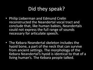 Did they speak?
• Philip Lieberman and Edmund Crelin
  reconstructed the Neandertal vocal tract and
  conclude that, like human babies, Neandertals
  could not express the full range of sounds
  necessary for articulate speech.

• The Kebara Neandertal skeleton includes the
  hyoid bone, a part of the neck that can survive
  from ancient settings. The morphology of the
  Kebara Neandertal’s hyoid is identical to that of a
  living human’s. The Kebara people talked.
 