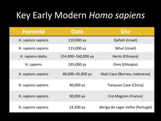 Key Early Modern Homo sapiens
  Hominid                 Date                         Site
H. sapiens sapiens       110,000 ya               Qafzeh (Israel)

H. sapiens sapiens       115,000 ya                Skhul (Israel)

H. sapiens idaltu    154,000–160,000 ya           Herto (Ethiopia)

   H. sapiens            195,000 ya               Omo (Ethiopia)

H. sapiens sapiens    40,000–45,000 ya     Niah Cave (Borneo, Indonesia)

H. sapiens sapiens       40,000 ya             Tianyuan Cave (China)

H. sapiens sapiens       30,000 ya             Cro-Magnon (France)

H. sapiens sapiens       24,500 ya        Abrigo do Lagar Velho (Portugal)
 