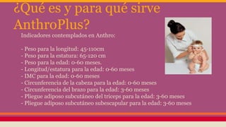 ¿Qué es y para qué sirve
AnthroPlus?
Indicadores contemplados en Anthro:
- Peso para la longitud: 45-110cm
- Peso para la estatura: 65-120 cm
- Peso para la edad: 0-60 meses.
- Longitud/estatura para la edad: 0-60 meses
- IMC para la edad: 0-60 meses
- Circunferencia de la cabeza para la edad: 0-60 meses
- Circunferencia del brazo para la edad: 3-60 meses
- Pliegue adiposo subcutáneo del triceps para la edad: 3-60 meses
- Pliegue adiposo subcutáneo subescapular para la edad: 3-60 meses
 