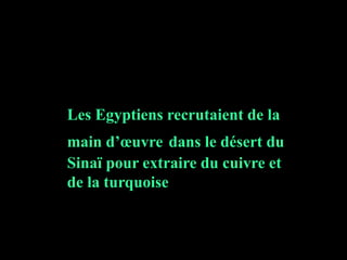 Les Egyptiens recrutaient de la
main d’œuvre dans le désert du
Sinaï pour extraire du cuivre et
de la turquoise
 