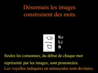 Désormais les images
construisent des mots
Ka
Lè
B
Seules les consonnes, du début de chaque mot
représenté par les images, sont prononcées.
Les voyelles indiquées en minuscules sont devinées.
 