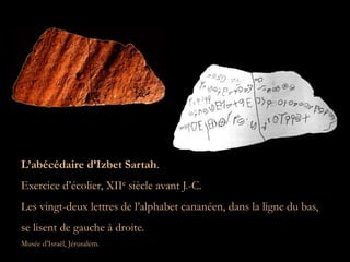 L’abécédaire d’Izbet Sartah.
Exercice d’écolier, XIIe siècle avant J.-C.
Les vingt-deux lettres de l’alphabet cananéen, dans la ligne du bas,
se lisent de gauche à droite.
Musée d’Israël, Jérusalem.
 
