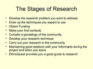 The Stages of Research Develop the research problem you want to address Draw up the techniques you expect to use Obtain Funding Make your first contacts Compile a genealogy of the community Develop your research technique Carry out your research in the community Maintaining good relations with your informants during the project and when you leave EthnoQuest provides you a good guide to research 