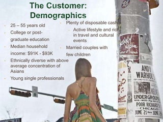 •    Plenty of disposable cash
•   25 – 55 years old
                                 –   Active lifestyle and rich
•   College or post-
                                     in travel and cultural
    graduate education               events
•   Median household        •    Married couples with
    income: $91K - $93K         few children
•   Ethnically diverse with above
    average concentration of
    Asians
•   Young single professionals
 