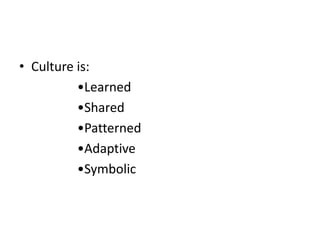What is Culture?Culture is the patterns of learned and shared behavior and beliefs of a particular social, ethnic, or age group. It can also be described as the complex whole of collective human beliefs with a structured stage of civilization that can be specific to a nation or time period. 