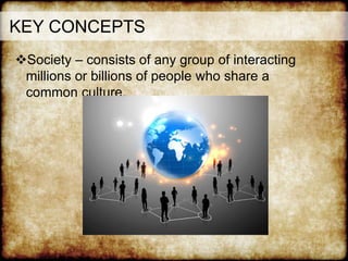 KEY CONCEPTS
Society – consists of any group of interacting
millions or billions of people who share a
common culture.
 