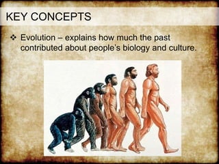 KEY CONCEPTS
 Evolution – explains how much the past
contributed about people’s biology and culture.
 