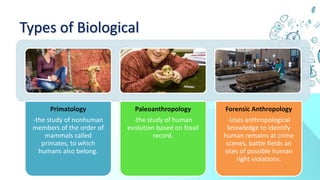 Types of Biological
Primatology
-the study of nonhuman
members of the order of
mammals called
primates, to which
humans also belong.
Paleoanthropology
-the study of human
evolution based on fossil
record.
Forensic Anthropology
-Uses anthropological
knowledge to identify
human remains at crime
scenes, battle fields an
sites of possible human
right violations.
 