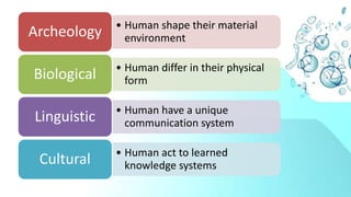 • Human shape their material
environmentArcheology
• Human differ in their physical
formBiological
• Human have a unique
communication systemLinguistic
• Human act to learned
knowledge systemsCultural
 