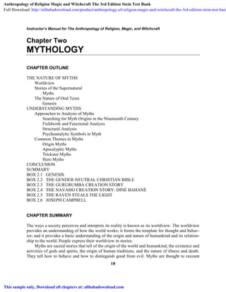 Instructor’s Manual for The Anthropology of Religion, Magic, and Witchcraft
18
Chapter Two
MYTHOLOGY
CHAPTER OUTLINE
THE NATURE OF MYTHS
Worldview
Stories of the Supernatural
Myths
The Nature of Oral Texts
Genesis
UNDERSTANDING MYTHS
Approaches to Analysis of Myths
Searching for Myth Origins in the Nineteenth Century
Fieldwork and Functional Analysis
Structural Analysis
Psychoanalytic Symbols in Myth
Common Themes in Myths
Origin Myths
Apocalyptic Myths
Trickster Myths
Hero Myths
CONCLUSION
SUMMARY
BOX 2.1 GENESIS
BOX 2.2 THE GENDER-NEUTRAL CHRISTIAN BIBLE
BOX 2.3 THE GURURUMBA CREATION STORY
BOX 2.4 THE NAVAHO CREATION STORY: DINÉ BAHANÈ
BOX 2.5 THE RAVEN STEALS THE LIGHT
BOX 2.6 JOSEPH CAMPBELL
CHAPTER SUMMARY
The ways a society perceives and interprets its reality is known as its worldview. The worldview
provides an understanding of how the world works; it forms the template for thought and behav-
ior; and it provides a basic understanding of the origin and nature of humankind and its relation-
ship to the world. People express their worldview in stories.
Myths are sacred stories that tell of the origin of the world and humankind, the existence and
activities of gods and spirits, the origin of human traditions, and the nature of illness and death.
They tell how to behave and how to distinguish good from evil. Myths are thought to recount
Anthropology of Religion Magic and Witchcraft The 3rd Edition Stein Test Bank
Full Download: http://alibabadownload.com/product/anthropology-of-religion-magic-and-witchcraft-the-3rd-edition-stein-test-bank
This sample only, Download all chapters at: alibabadownload.com
 