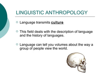 LINGUISTIC ANTHROPOLOGY Language transmits  culture This field deals with the description of language and the history of languages. Language can tell you volumes about the way a group of people view the world. 