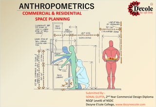 ANTHROPOMETRICS
Submitted By:-
SONAL GUPTA, 2nd Year Commercial Design Diploma
NSQF Level6 of NSDC
Dezyne E’cole College, www.dezyneecole.com
COMMERCIAL & RESIDENTIAL
SPACE PLANNING
 