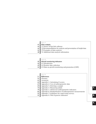 Artwork proof 3

8/8/01 2:59 pm

Page 5

43
44
44
45
48

Part 7.
Data analysis
7.1 Source of Epi Info software
7.2 Recommendations for analysis and presentation of height data
7.3 Examples of data analysis
7.4 Additional data analysis information

49
49
49
50

Part 8.
Annual monitoring indicators
8.1 Introduction
8.2 Routine data collection
8.3 Data on growth monitoring and promotion (GMP)

51
55
63
64
67
69
74
79
82
93
95

Part 9.
References
Glossary
Acronyms
Appendix 1. Calculating Z-scores
Appendix 2. Uses of anthropometric data
Appendix 3. Selecting a sample
Appendix 4. Measuring adults
Appendix 5. Adolescent anthropometric indicators
Appendix 6. Standardization of anthropometric measurements
Appendix 7. Guidelines for supervising surveys
Appendix 8. Title II generic indicators

7.

8.

9.

 
