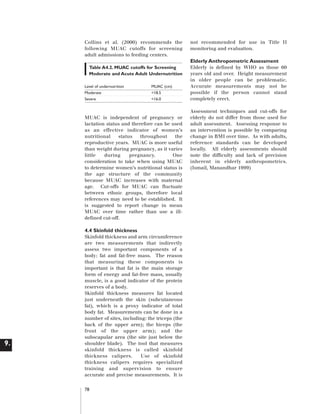 Artwork proof 3

8/8/01 2:59 pm

Page 78

Collins et al. (2000) recommends the
following MUAC cutoffs for screening
adult admissions to feeding centers.

not recommended for use in Title II
monitoring and evaluation.

Elderly Anthropometric Assessment
Table A4.2. MUAC cutoffs for Screening
Moderate and Acute Adult Undernutrition
Level of undernutrition
Moderate
Severe

MUAC (cm)
<18.5
<16.0

MUAC is independent of pregnancy or
lactation status and therefore can be used
as an effective indicator of women’s
nutritional
status
throughout
the
reproductive years. MUAC is more useful
than weight during pregnancy, as it varies
little
during
pregnancy.
One
consideration to take when using MUAC
to determine women’s nutritional status is
the age structure of the community
because MUAC increases with maternal
age. Cut-offs for MUAC can fluctuate
between ethnic groups, therefore local
references may need to be established. It
is suggested to report change in mean
MUAC over time rather than use a illdefined cut-off.

4.4 Skinfold thickness

9.

Skinfold thickness and arm circumference
are two measurements that indirectly
assess two important components of a
body: fat and fat-free mass. The reason
that measuring these components is
important is that fat is the main storage
form of energy and fat-free mass, usually
muscle, is a good indicator of the protein
reserves of a body.
Skinfold thickness measures fat located
just underneath the skin (subcutaneous
fat), which is a proxy indicator of total
body fat. Measurements can be done in a
number of sites, including: the triceps (the
back of the upper arm); the biceps (the
front of the upper arm); and the
subscapular area (the site just below the
shoulder blade). The tool that measures
skinfold thickness is called skinfold
thickness calipers.
Use of skinfold
thickness calipers requires specialized
training and supervision to ensure
accurate and precise measurements. It is
78

Elderly is defined by WHO as those 60
years old and over. Height measurement
in older people can be problematic.
Accurate measurements may not be
possible if the person cannot stand
completely erect.
Assessment techniques and cut-offs for
elderly do not differ from those used for
adult assessment. Assessing response to
an intervention is possible by comparing
change in BMI over time. As with adults,
reference standards can be developed
locally. All elderly assessments should
note the difficulty and lack of precision
inherent in elderly anthropometrics.
(Ismail, Manandhar 1999)

 