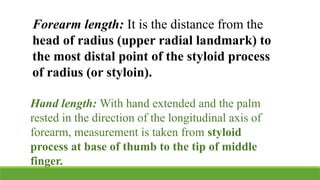 Forearm length: It is the distance from the
head of radius (upper radial landmark) to
the most distal point of the styloid process
of radius (or styloin).
Hand length: With hand extended and the palm
rested in the direction of the longitudinal axis of
forearm, measurement is taken from styloid
process at base of thumb to the tip of middle
finger.
 