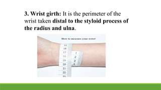 3. Wrist girth: It is the perimeter of the
wrist taken distal to the styloid process of
the radius and ulna.
 