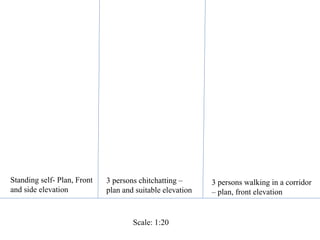 Standing self- Plan, Front
and side elevation
3 persons walking in a corridor
– plan, front elevation
3 persons chitchatting –
plan and suitable elevation
Scale: 1:20
 
