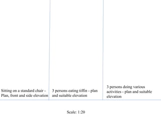 Sitting on a standard chair -
Plan, front and side elevation
3 persons eating tiffin - plan
and suitable elevation
3 persons doing various
activities - plan and suitable
elevation
Scale: 1:20
 