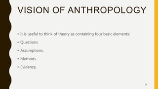 VISION OF ANTHROPOLOGY
• It is useful to think of theory as containing four basic elements:
• Questions
• Assumptions,
• Methods
• Evidence.
18
 