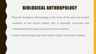 BIOLOGICAL ANTHROPOLOGY
• Physical/ biological anthropology is the study of the past and present
evolution of the human species and is especially concerned with
understanding the causes of present human diversity.
• It deals with the exploring of the human origins and human variation.
35
 