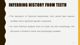INFERRING HISTORY FROM TEETH
• The derivation of historical relationships from dental data requires
variables with a significant genetic component.
• As most historical analyses focus on tooth size and morphology, this
discussion is limited to metric and morphologic variables.
44
 