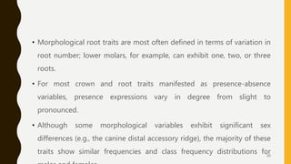• Morphological root traits are most often defined in terms of variation in
root number; lower molars, for example, can exhibit one, two, or three
roots.
• For most crown and root traits manifested as presence-absence
variables, presence expressions vary in degree from slight to
pronounced.
• Although some morphological variables exhibit significant sex
differences (e.g., the canine distal accessory ridge), the majority of these
traits show similar frequencies and class frequency distributions for50
 