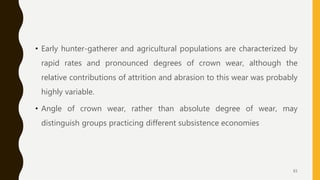 • Early hunter-gatherer and agricultural populations are characterized by
rapid rates and pronounced degrees of crown wear, although the
relative contributions of attrition and abrasion to this wear was probably
highly variable.
• Angle of crown wear, rather than absolute degree of wear, may
distinguish groups practicing different subsistence economies
61
 