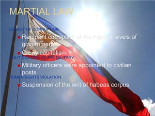 MARTIAL LAWLEGACY OF CORRUPTIONRampant corruption at the highest levels of governmentCrony capitalismPOLITICIZATION OF THE MILITARYMilitary officers were appointed to civilian postsHUMAN RIGHTS VIOLATIONSuspension of the writ of habeas corpus