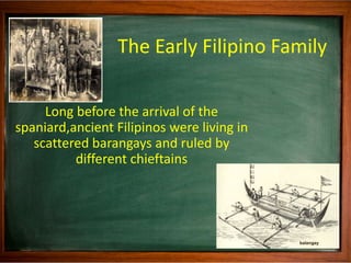 The Early Filipino Family
Long before the arrival of the
spaniard,ancient Filipinos were living in
scattered barangays and...