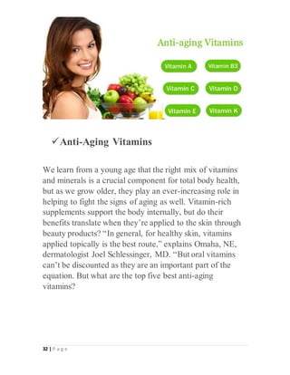 32 | P a g e
Anti-Aging Vitamins
We learn from a young age that the right mix of vitamins
and minerals is a crucial component for total body health,
but as we grow older, they play an ever-increasing role in
helping to fight the signs of aging as well. Vitamin-rich
supplements support the body internally, but do their
benefits translate when they’re applied to the skin through
beauty products? “In general, for healthy skin, vitamins
applied topically is the best route,” explains Omaha, NE,
dermatologist Joel Schlessinger, MD. “But oral vitamins
can’t be discounted as they are an important part of the
equation. But what are the top five best anti-aging
vitamins?
 