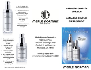  94% of woman felt it
                                            improved skin hydration*
                                                                                                                    ANTI-AGING COMPLEX
                                                 94% of woman saw an
                                                   improvement in                                                       EMULSION
                                               the appearance of fine
                                                 lines and wrinkles*

                                                     91% of woman felt                                             ANTI-AGING COMPLEX
                                                       skin looked
                                                        smoother*
                                                                                                                      EYE TREATMENT
                                                91% of woman saw an
                                                improvement in skin
                                                    elasticity*




                                                                                   Merle Norman Cosmetics
   Reduces the number
    of fine lines and wrin-                                                             1326 South York
          kles around
           the eyes**                                                              Yorkshire Shopping Center
    Improves skin elas-                                                           (South York and Hancock)
        ticity around
          the eyes**                                                                 Muskogee, OK 74403
   Improves hydration
      and firmness**

   91% of woman agree
                                                                                     Phone: (918) 687-5330
     skin looked and felt                                                       www.merlenormanstudio.com/mn-3529
    smoother around the
            eyes**

   91% of woman agree
       skin felt firmer
     around the eyes**


      *Based on a 4-week clinical study. **Based on an 8-week clinical study.
 