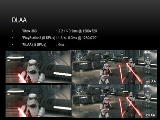 DLAA
•   "Xbox 360             : 2.2 +/- 0.2ms @ 1280x720
•   "PlayStation3 (5 SPUs) : 1.6 +/- 0.3ms @ 1280x720“
•   “MLAA ( 5 SPUs)       : 4ms
 