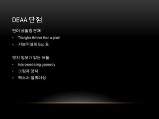 DEAA 단점
언더 샘플링 문제
•   Triangles thinner than a pixel
•   서브픽셀의 Gap 등


엣지 정보가 없는 애들
•   Interpenetrating geometry
•   그림자 엣지
•   텍스처 앨리어싱
 