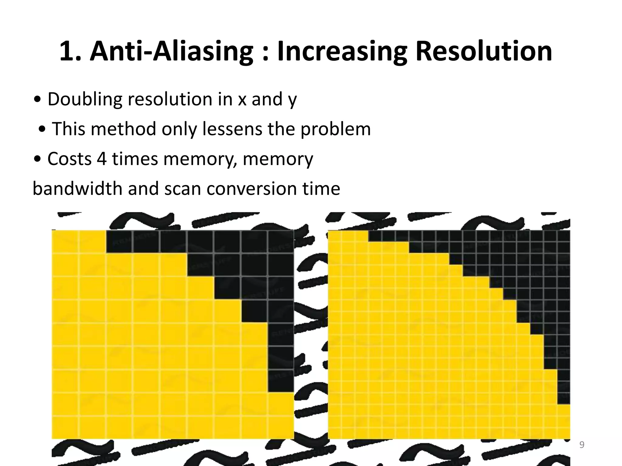 1. Anti-Aliasing : Increasing Resolution
• Doubling resolution in x and y
• This method only lessens the problem
• Costs 4 times memory, memory
bandwidth and scan conversion time
9
 