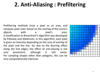 2. Anti-Aliasing : Prefiltering
Prefiltering methods treat a pixel as an area, and
compute pixel color based on the overlap of the scene's
objects with a pixel's area.
A modification to Bresenham's algorithm was developed
by Pitteway and Watkinson. In this algorithm, each pixel
is given an intensity depending on the area of overlap of
the pixel and the line. So, due to the blurring effect
along the line edges, the effect of anti-aliasing is not
very prominent, although it still exists.
For sampling shapes other than polygons, this can be
very computationally intensive.
10
 