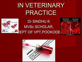 Dr SINDHU KDr SINDHU K
MVSc SCHOLAR,MVSc SCHOLAR,
DEPT OF VPT,POOKODEDEPT OF VPT,POOKODE
ANTIANEMIC DRUGSANTIANEMIC DRUGS
IN VETERINARYIN VETERINARY
PRACTICEPRACTICE
 